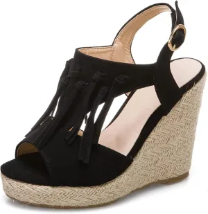 SACFOF Womens Espadrilles Wedges Sandals Tassel Open Toe Slingback High Heel Platform Ankle Strap Summer Party Dress Shoes
