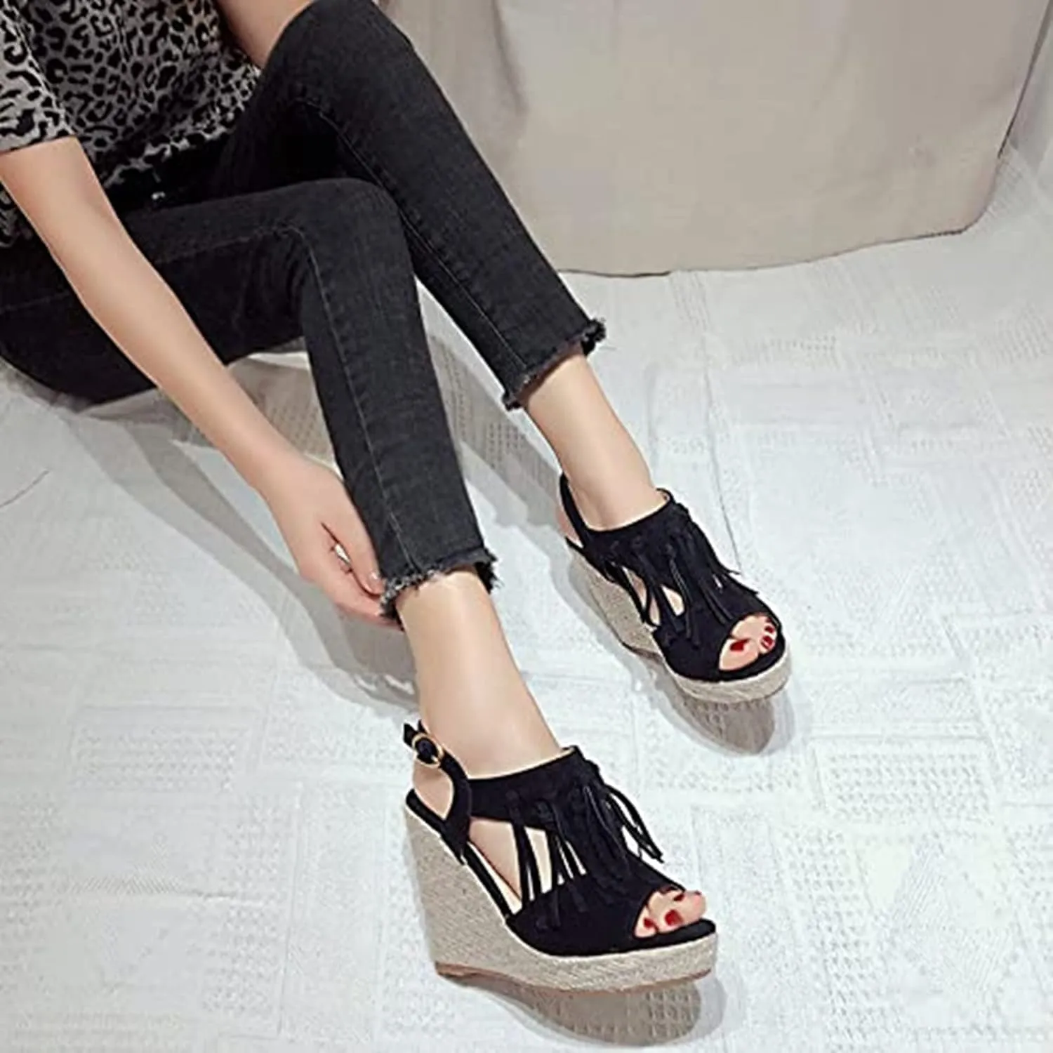 SACFOF Womens Espadrilles Wedges Sandals Tassel Open Toe Slingback High Heel Platform Ankle Strap Summer Party Dress Shoes