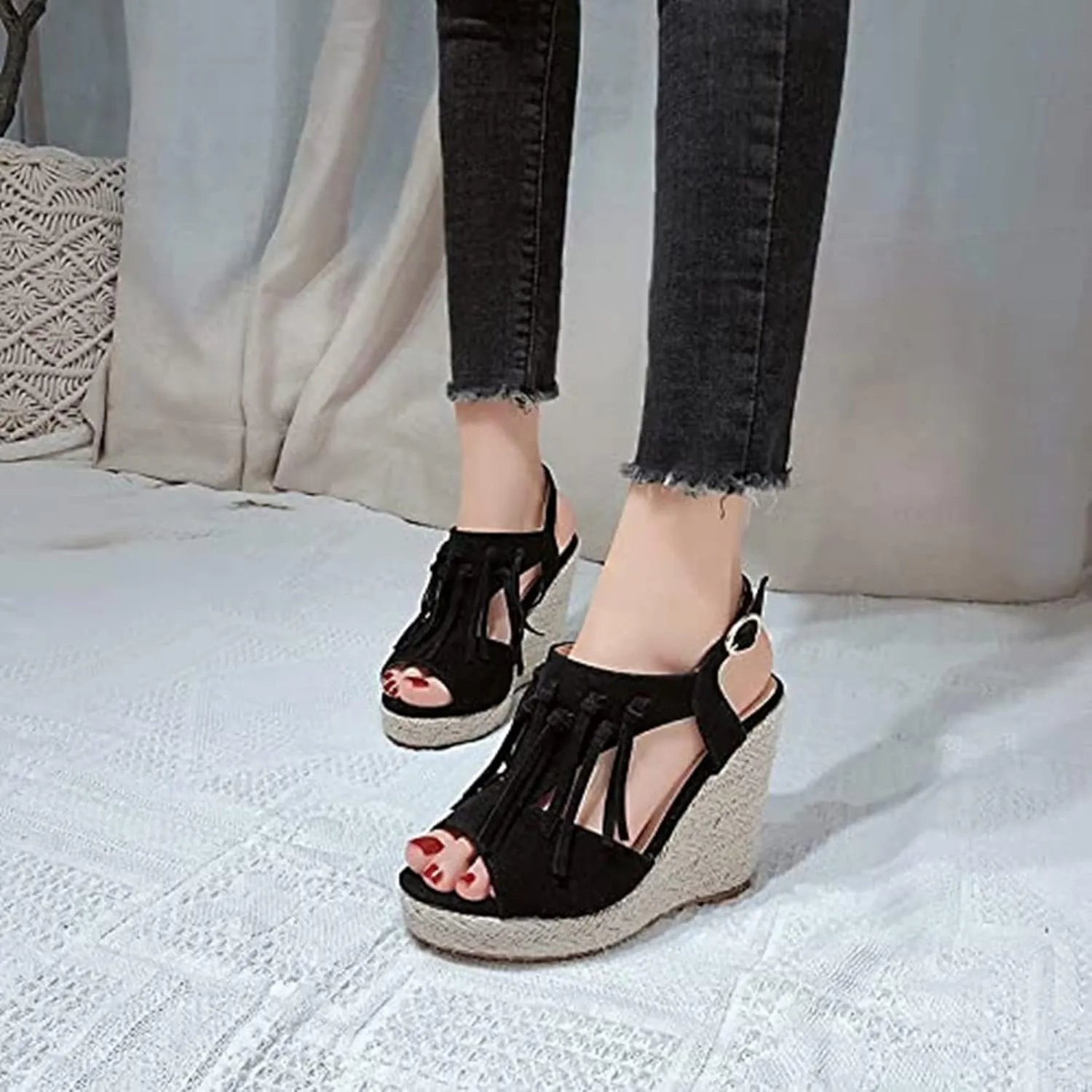 SACFOF Womens Espadrilles Wedges Sandals Tassel Open Toe Slingback High Heel Platform Ankle Strap Summer Party Dress Shoes