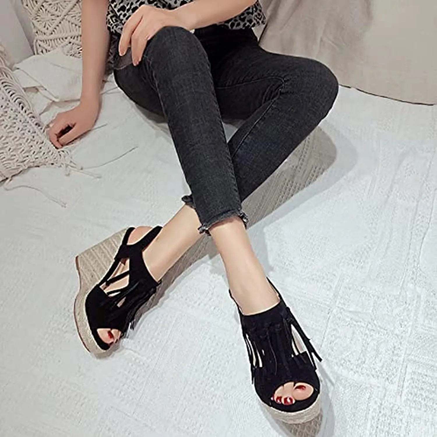 SACFOF Womens Espadrilles Wedges Sandals Tassel Open Toe Slingback High Heel Platform Ankle Strap Summer Party Dress Shoes