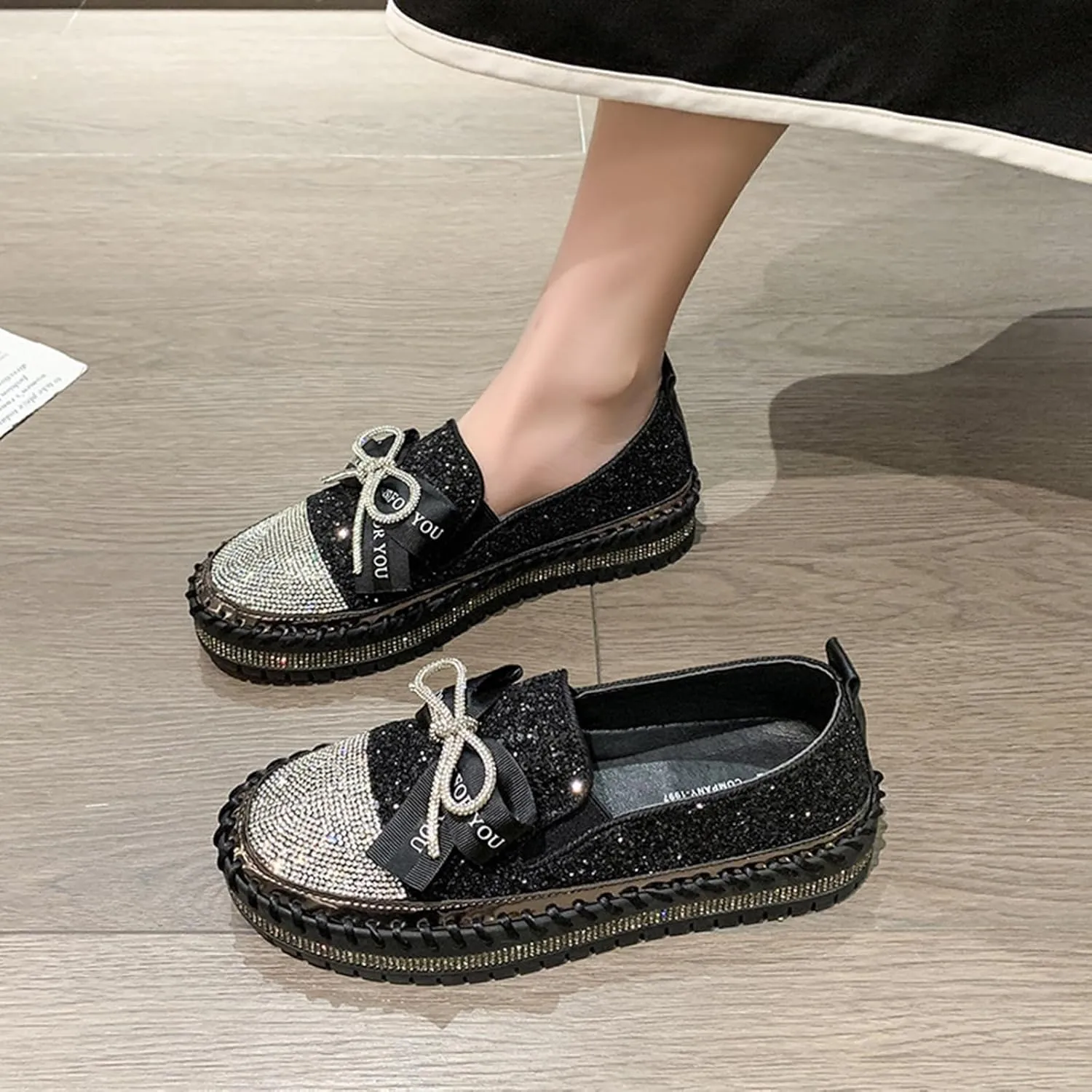 SACFOF Women's Rhinestones Glitter Bow Platform Loafers Casual Slip-On Sequin Platform Dress Shoes Flat Walking Loafers