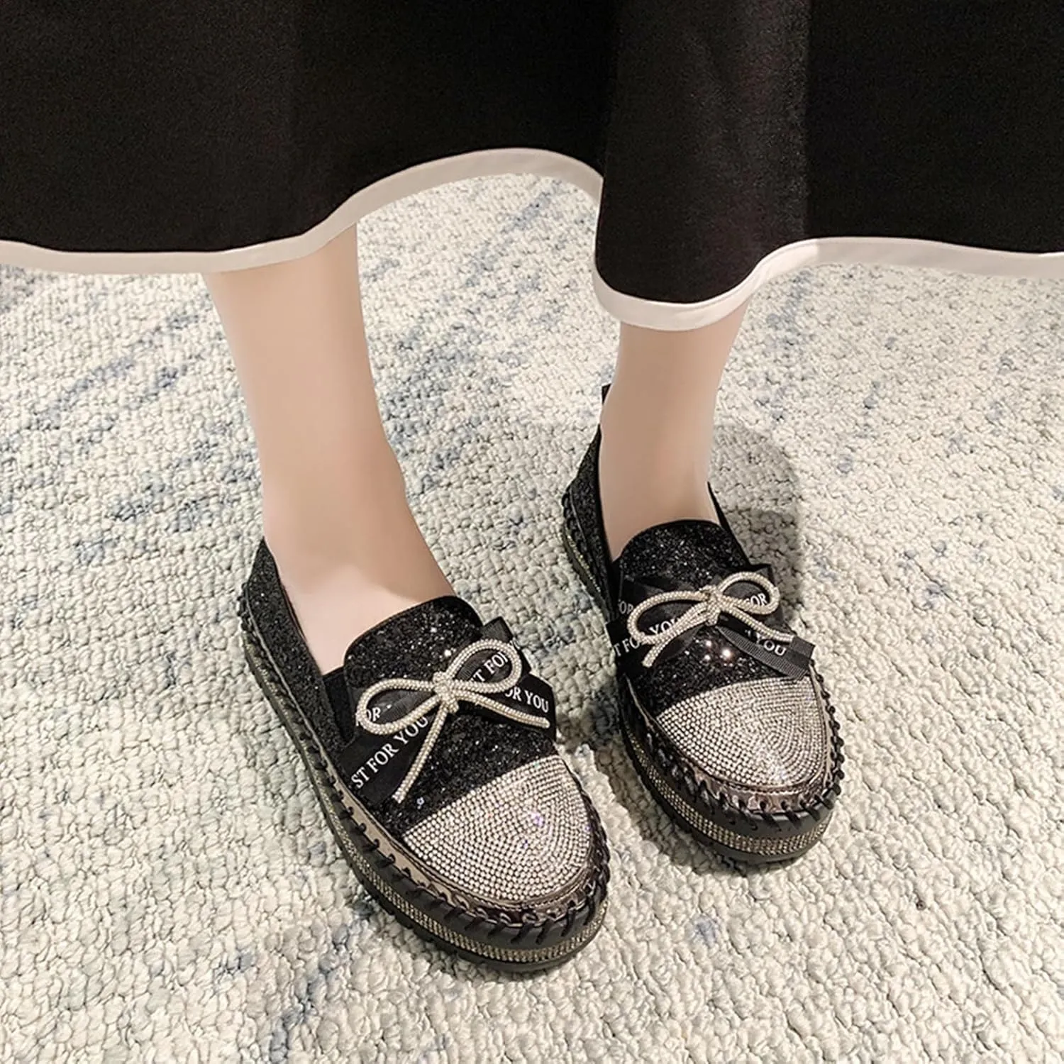 SACFOF Women's Rhinestones Glitter Bow Platform Loafers Casual Slip-On Sequin Platform Dress Shoes Flat Walking Loafers