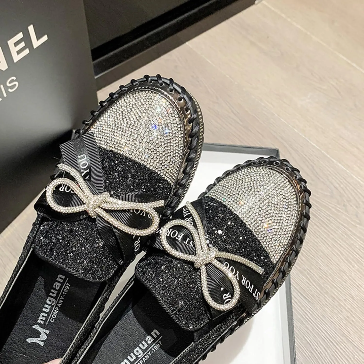 SACFOF Women's Rhinestones Glitter Bow Platform Loafers Casual Slip-On Sequin Platform Dress Shoes Flat Walking Loafers