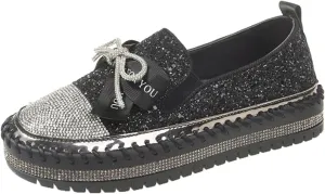 SACFOF Women's Rhinestones Glitter Bow Platform Loafers Casual Slip-On Sequin Platform Dress Shoes Flat Walking Loafers
