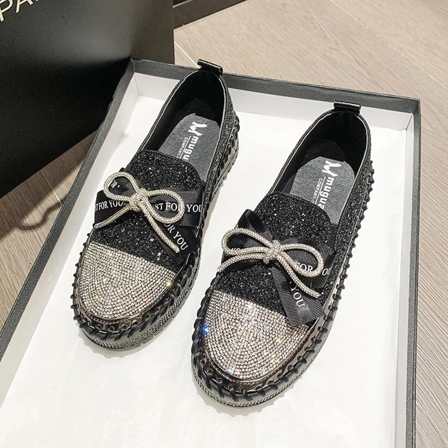 SACFOF Women's Rhinestones Glitter Bow Platform Loafers Casual Slip-On Sequin Platform Dress Shoes Flat Walking Loafers
