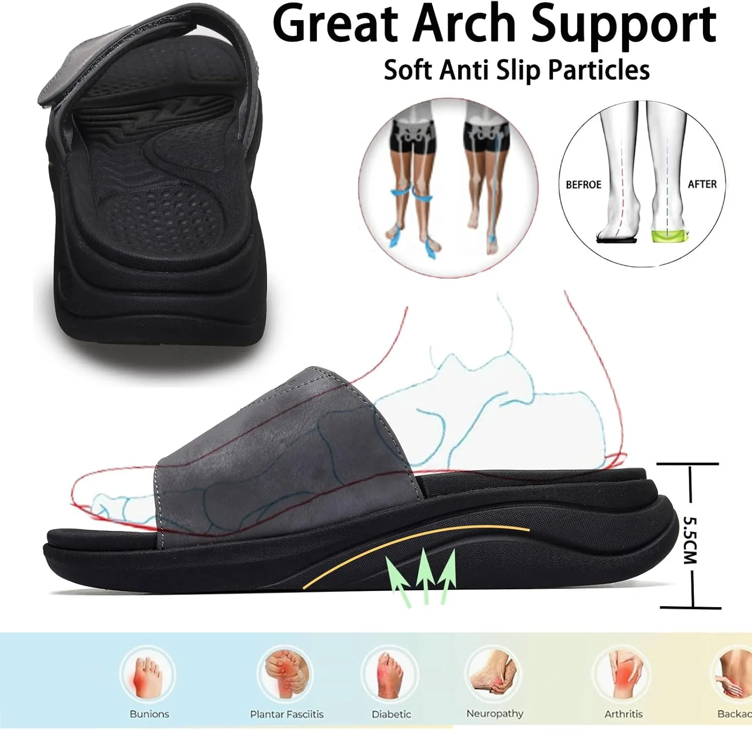 Sandals for Men Adjustable Width Slides Arch Support Orthopedic for Diabetic Plantar Fasciitis Swollen Feet Pain Relief Neuropathy