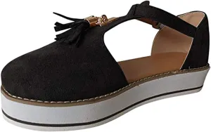 Sandals for Women Tassel Summer Platform Leather Sandal Closed Toe Buckle Shoes Ankle Strap Heeled Vintage Beach Espadrilles Sandals