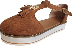 Sandals for Women Tassel Summer Platform Leather Sandal Closed Toe Buckle Shoes Ankle Strap Heeled Vintage Beach Espadrilles Sandals