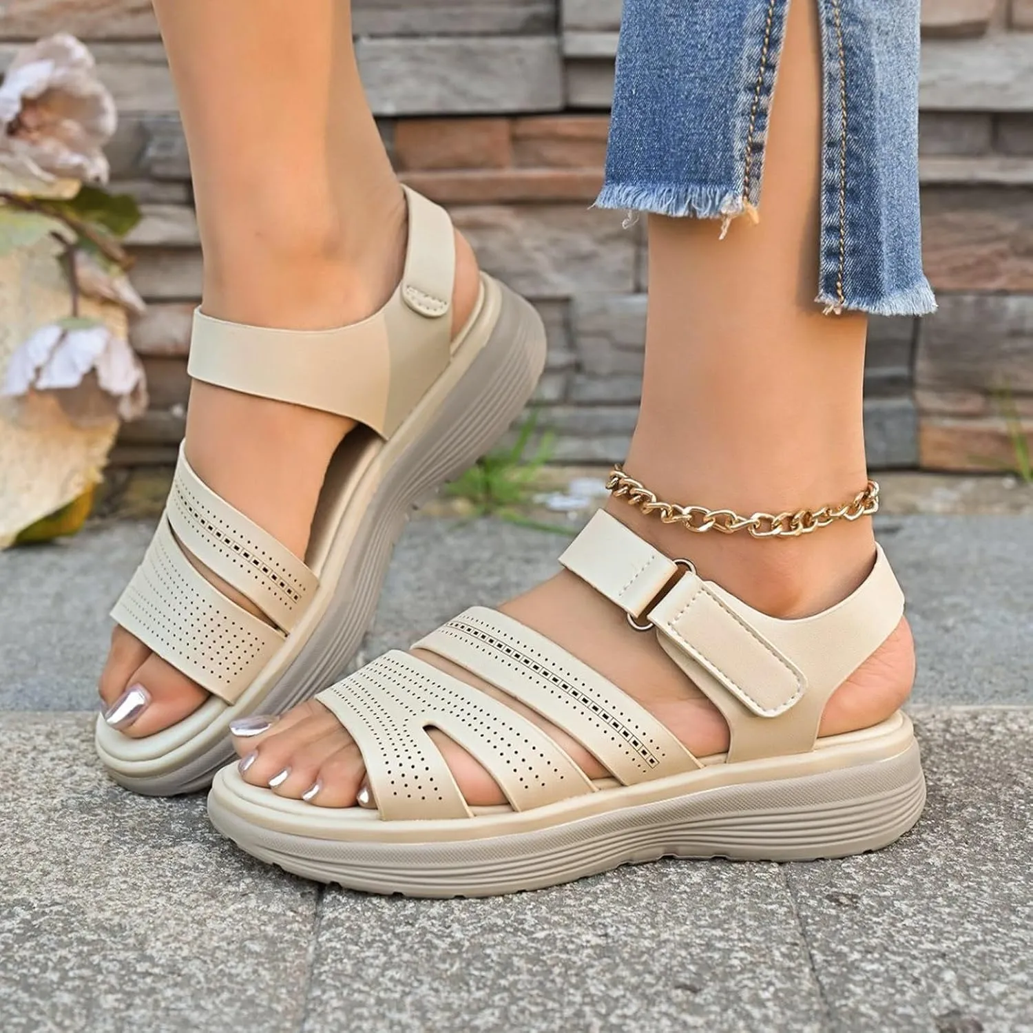 Sandals for Women Wedge Shoes 2025 Summer Open Toe Comfortable Hollow Thick Out Casual Wedge Sandals with Arch Support Casual Summer Mules Adjustable Slide Walking Shoes