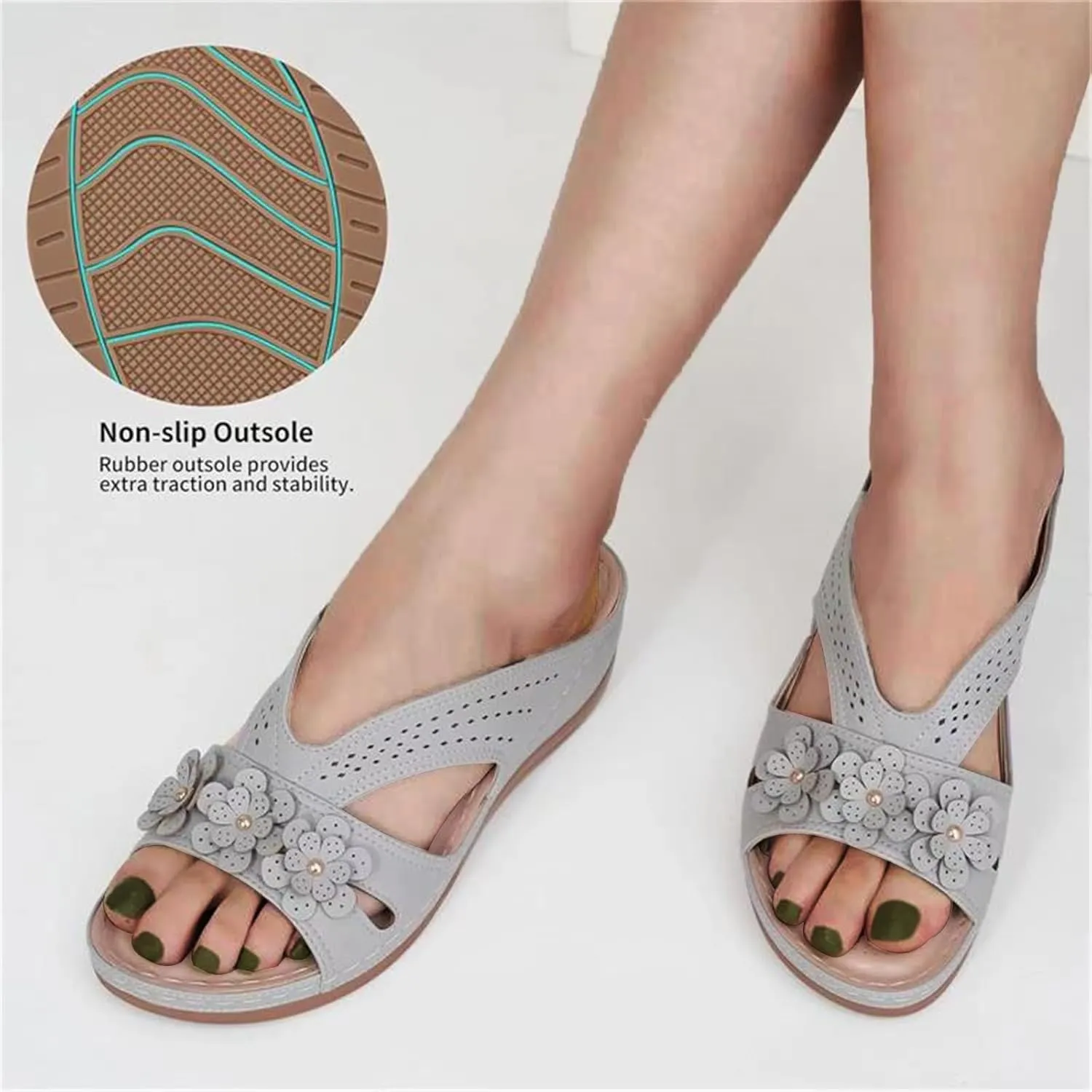 Sandals for Women Wedge Shoes Slip On Dressy Summer Comfortable Slides Arch Support with Flowers Sandal Casual Comfort Lightweight Cross Strap Sandals-Shock Platform Fishmouth Slippers