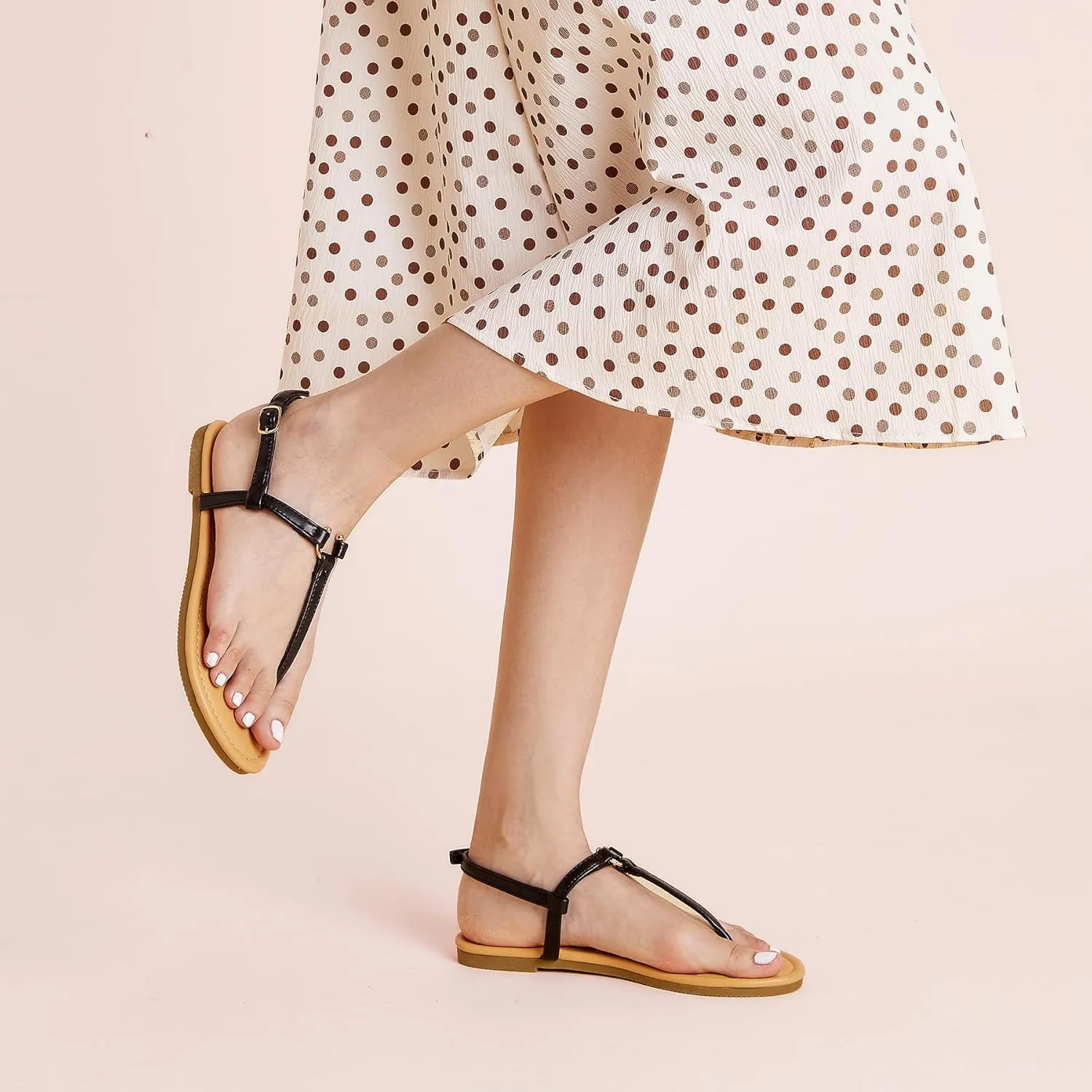 SANDALUP Thong Flat Sandals with Ring Metal and Adjustable Ankle Buckle for Women Summer