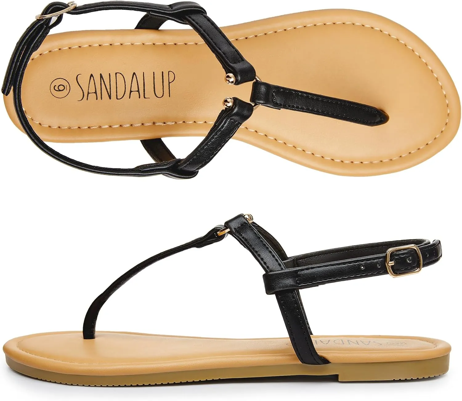 SANDALUP Thong Flat Sandals with Ring Metal and Adjustable Ankle Buckle for Women Summer