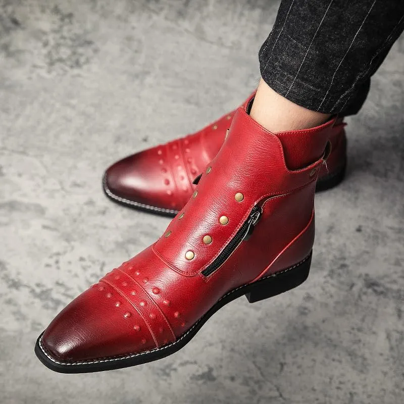 Santimon Men's Leather Motorcycle Ankle Boots Side Zipper Dress Casual Riding Punk Rock Plain Toe Studded Men Boots