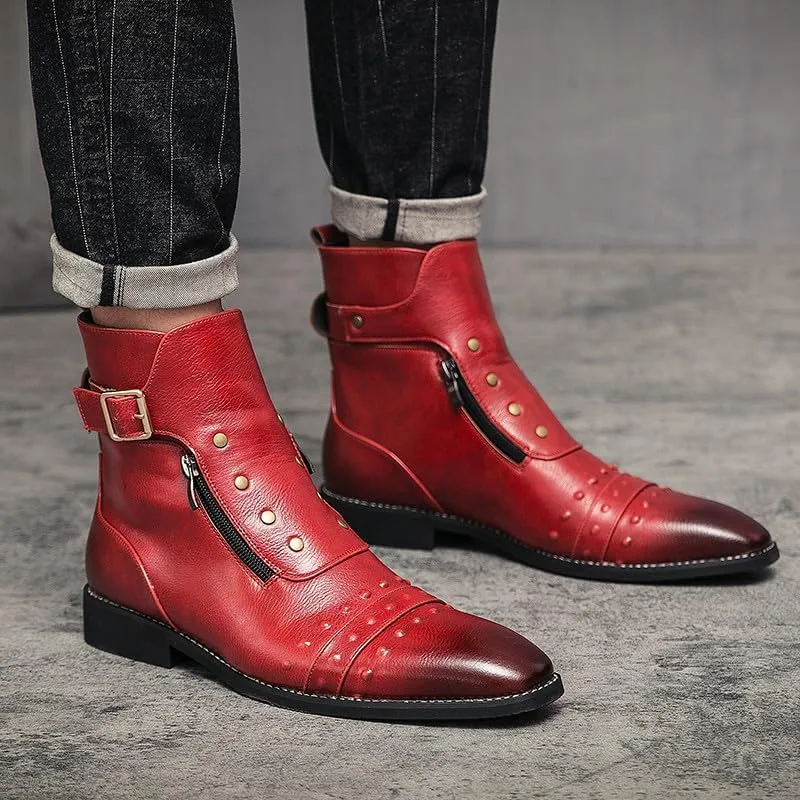 Santimon Men's Leather Motorcycle Ankle Boots Side Zipper Dress Casual Riding Punk Rock Plain Toe Studded Men Boots