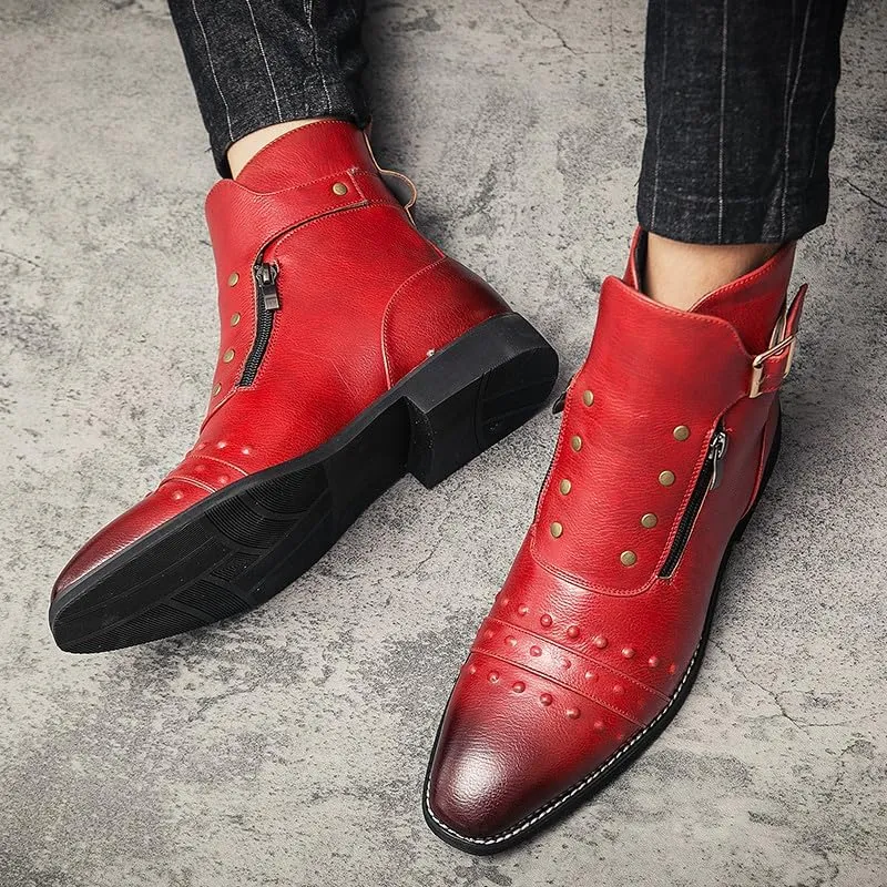 Santimon Men's Leather Motorcycle Ankle Boots Side Zipper Dress Casual Riding Punk Rock Plain Toe Studded Men Boots