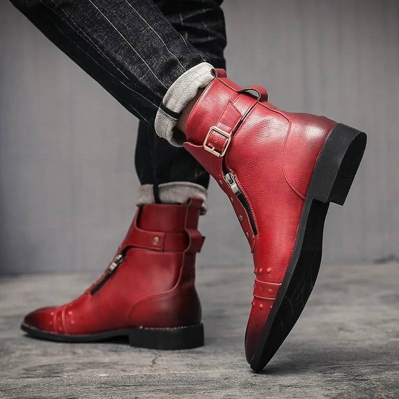 Santimon Men's Leather Motorcycle Ankle Boots Side Zipper Dress Casual Riding Punk Rock Plain Toe Studded Men Boots