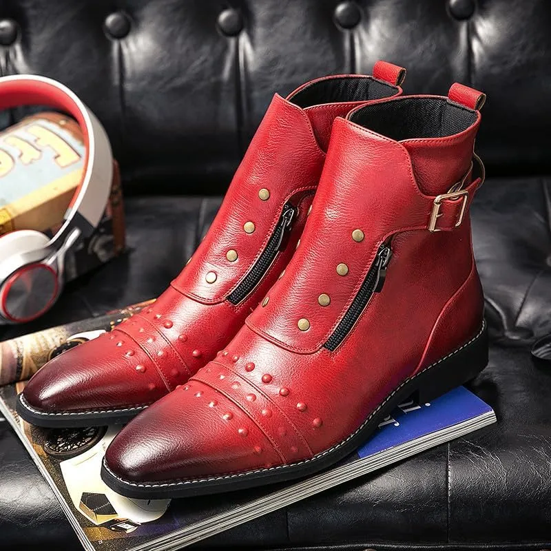 Santimon Men's Leather Motorcycle Ankle Boots Side Zipper Dress Casual Riding Punk Rock Plain Toe Studded Men Boots