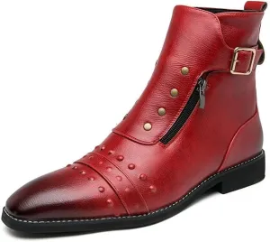 Santimon Men's Leather Motorcycle Ankle Boots Side Zipper Dress Casual Riding Punk Rock Plain Toe Studded Men Boots