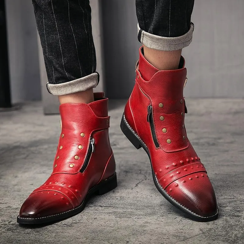 Santimon Men's Leather Motorcycle Ankle Boots Side Zipper Dress Casual Riding Punk Rock Plain Toe Studded Men Boots