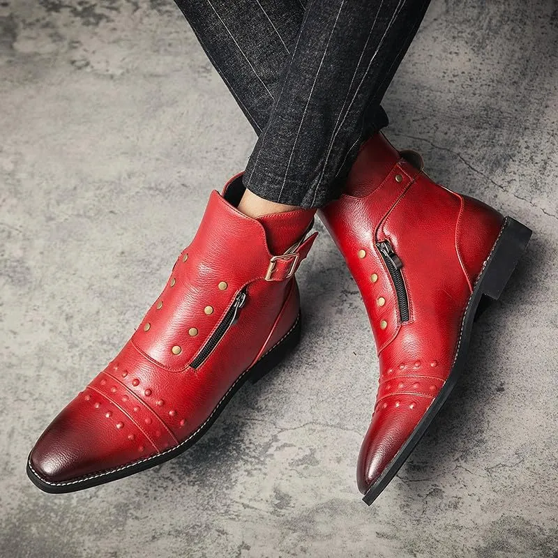 Santimon Men's Leather Motorcycle Ankle Boots Side Zipper Dress Casual Riding Punk Rock Plain Toe Studded Men Boots
