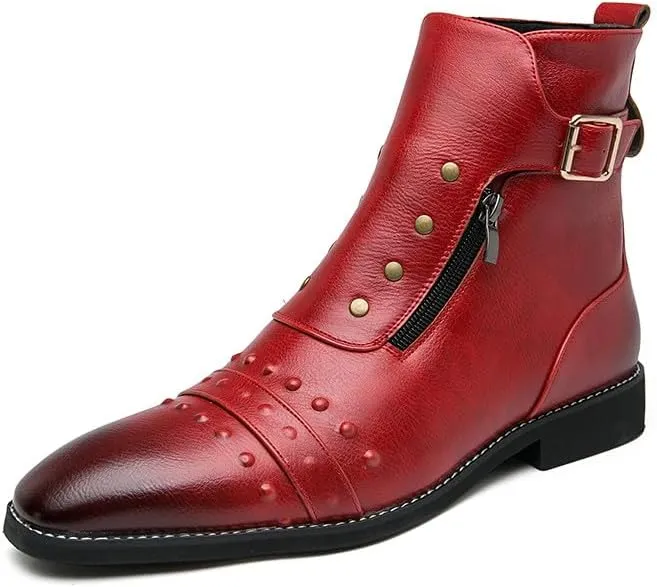 Santimon Men's Leather Motorcycle Ankle Boots Side Zipper Dress Casual Riding Punk Rock Plain Toe Studded Men Boots