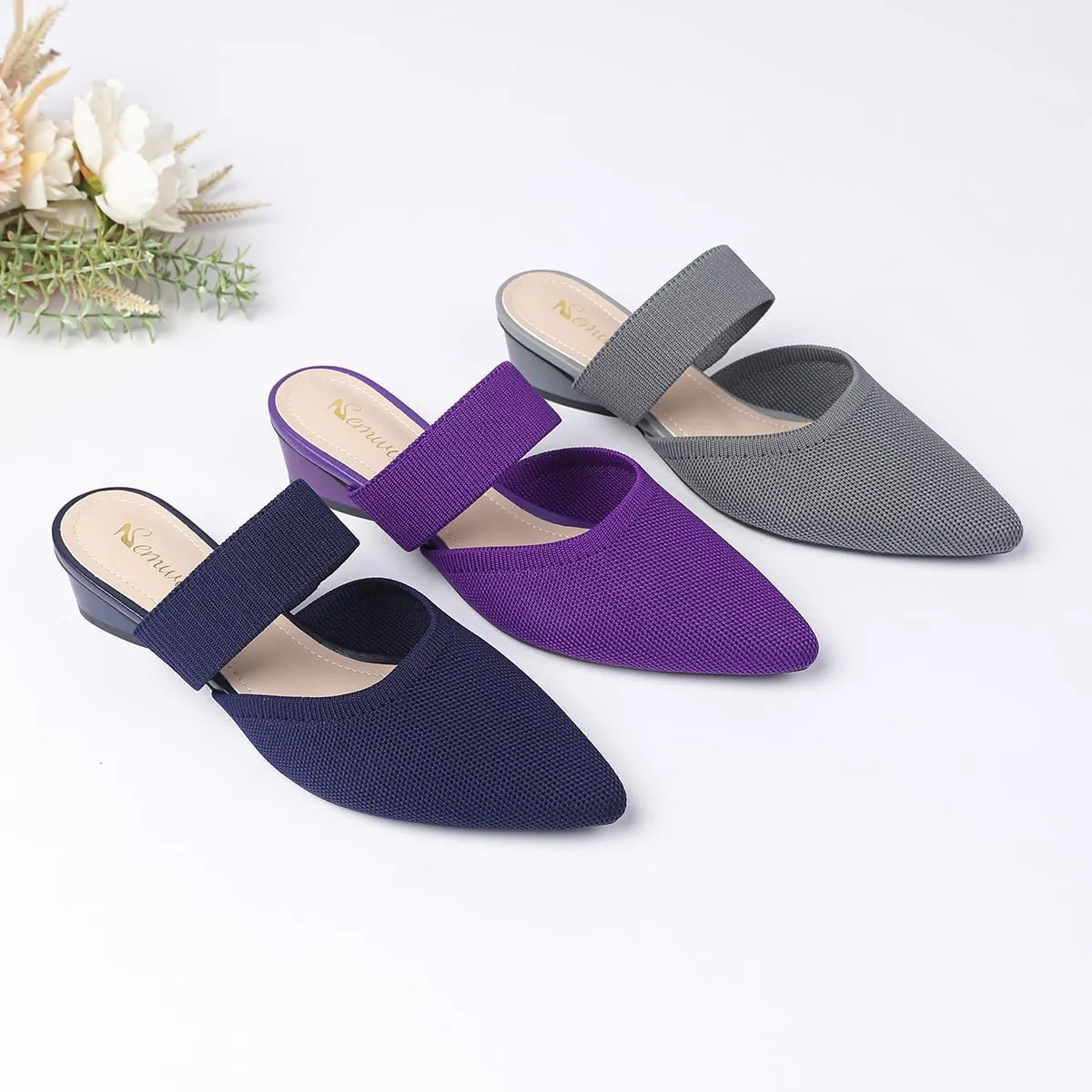 Semwiss Pointed Toe Mules for Women Chunky Low Heeled Sandals Breathable Backless Mesh Knit Slip on Loafers