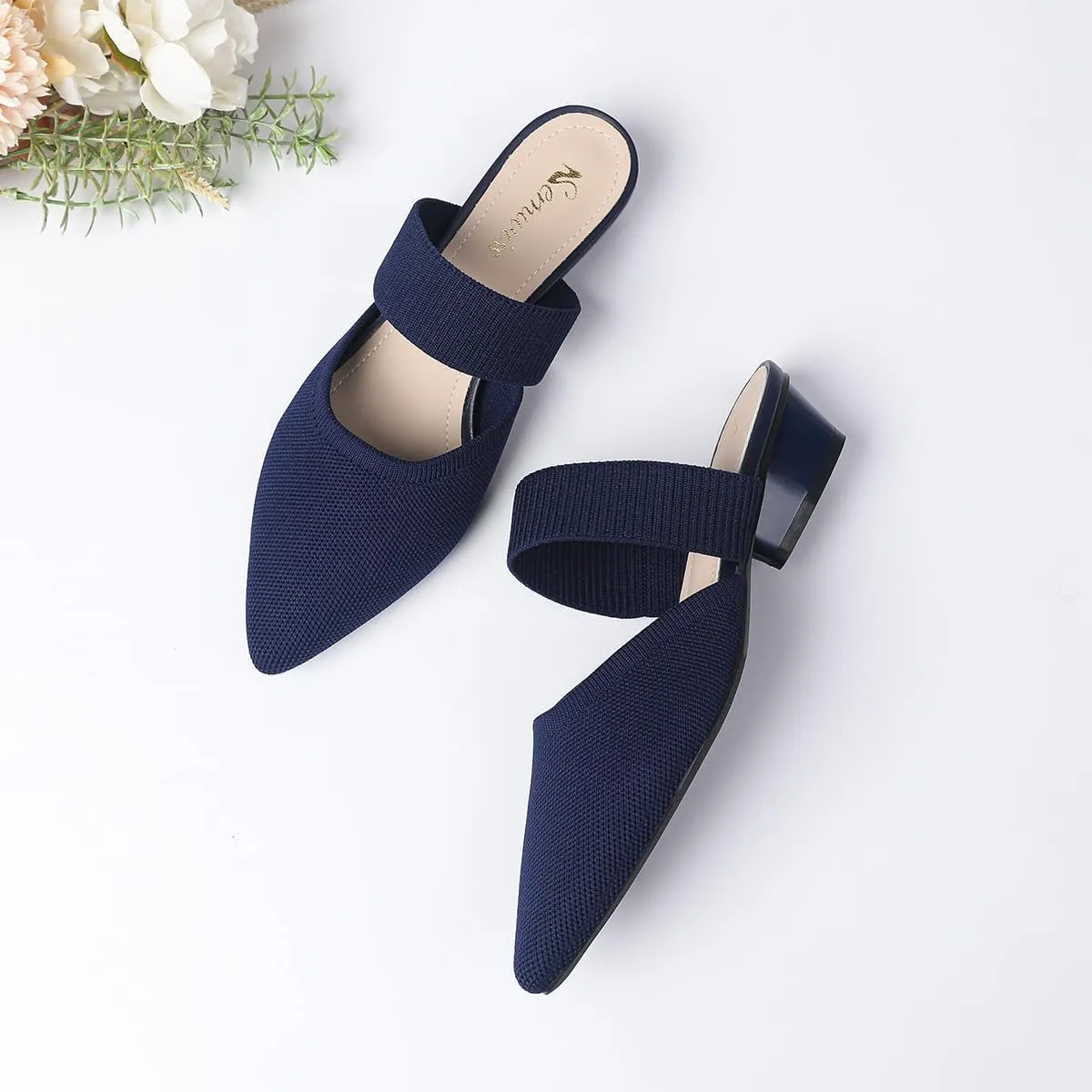 Semwiss Pointed Toe Mules for Women Chunky Low Heeled Sandals Breathable Backless Mesh Knit Slip on Loafers