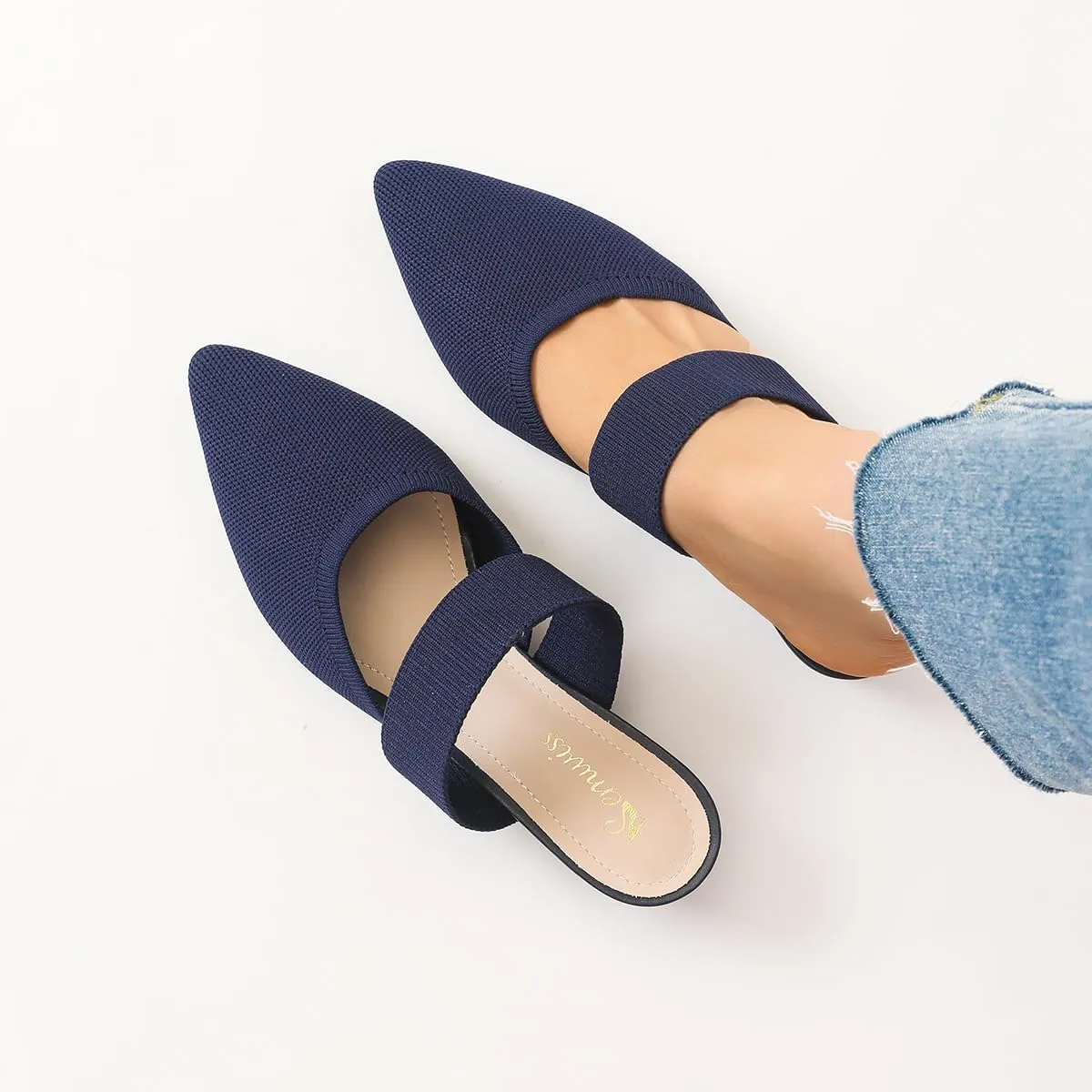 Semwiss Pointed Toe Mules for Women Chunky Low Heeled Sandals Breathable Backless Mesh Knit Slip on Loafers