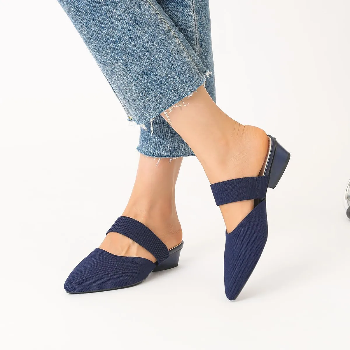 Semwiss Pointed Toe Mules for Women Chunky Low Heeled Sandals Breathable Backless Mesh Knit Slip on Loafers