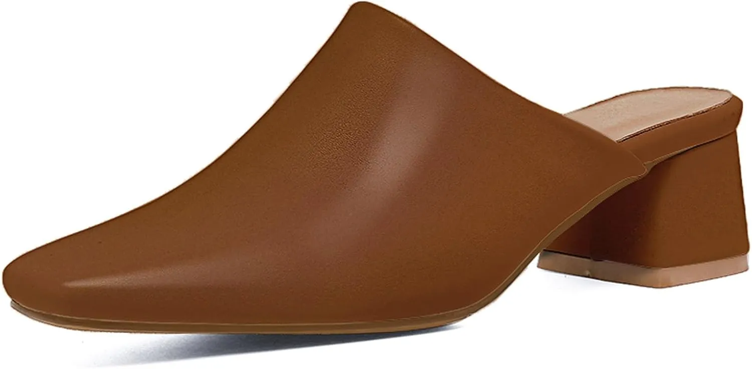 SHEMEE Women's Closed Square Toe Chunky Heel Slides Mule Pumps Slip On Mid Block Heels Slippers Sandals Backless Slingback Shoes
