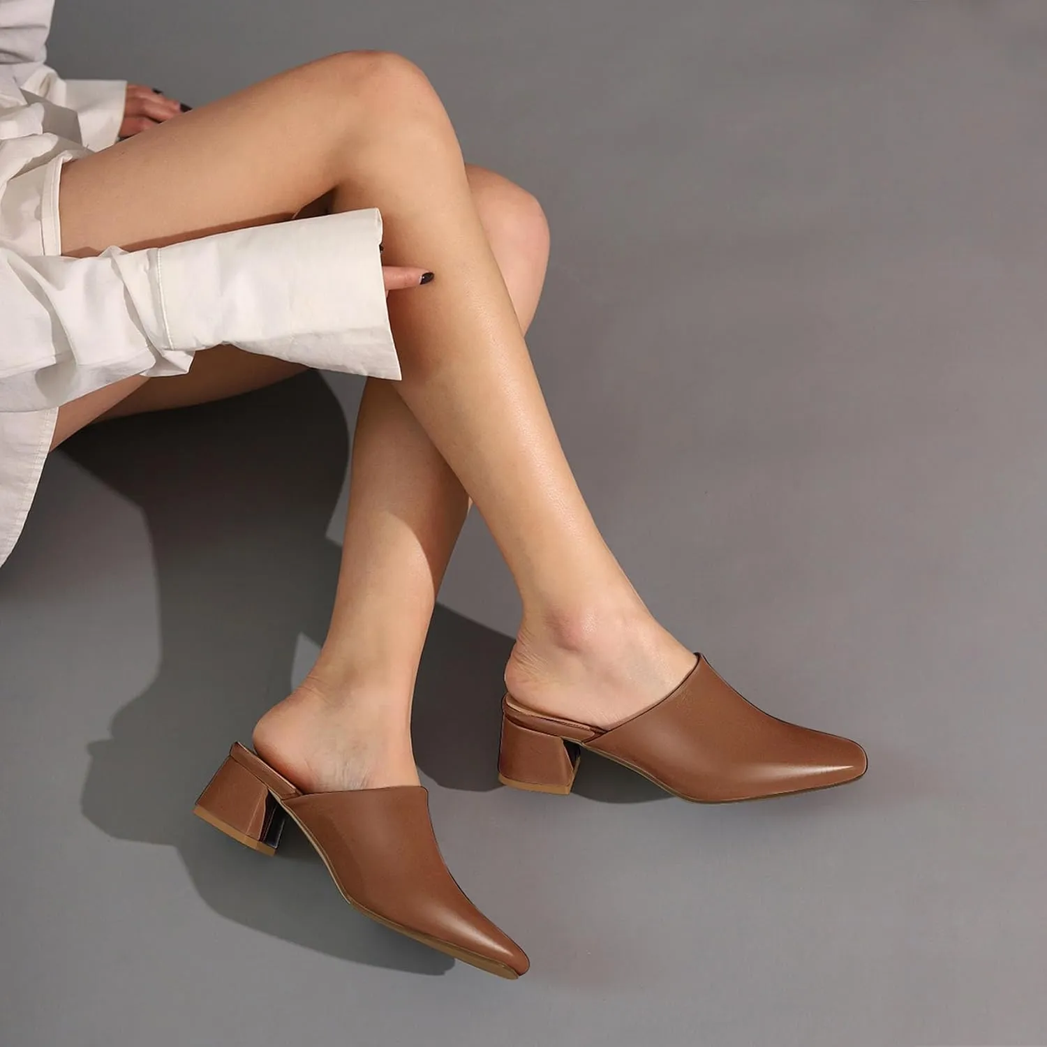 SHEMEE Women's Closed Square Toe Chunky Heel Slides Mule Pumps Slip On Mid Block Heels Slippers Sandals Backless Slingback Shoes