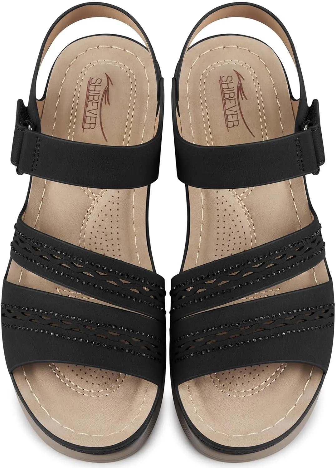 SHIBEVER Wedge Sandals for Women Dressy: Summer Walking Sandals Woman Comfortable - Casual Open Toe Rhinestone Low Wedge Shoes with Ankle Strap