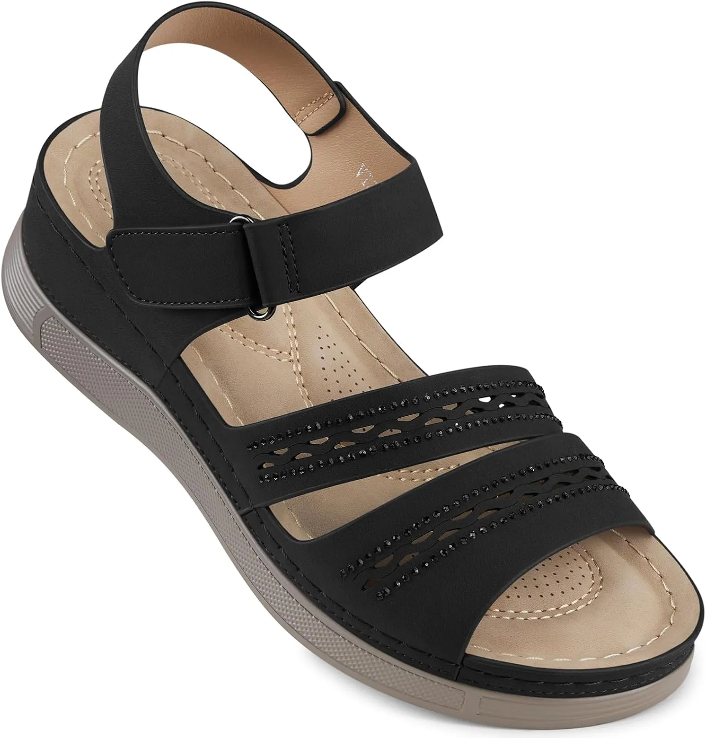SHIBEVER Wedge Sandals for Women Dressy: Summer Walking Sandals Woman Comfortable - Casual Open Toe Rhinestone Low Wedge Shoes with Ankle Strap