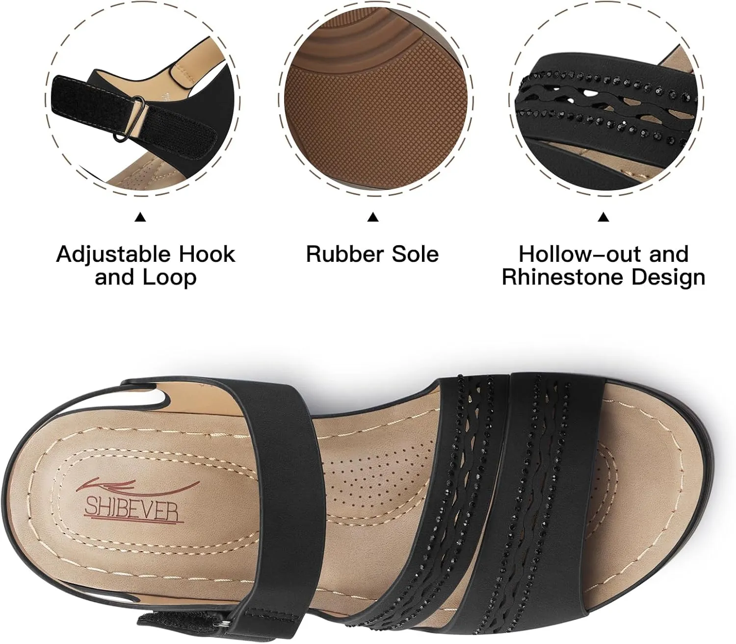 SHIBEVER Wedge Sandals for Women Dressy: Summer Walking Sandals Woman Comfortable - Casual Open Toe Rhinestone Low Wedge Shoes with Ankle Strap