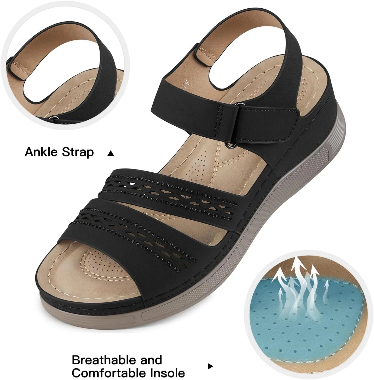 SHIBEVER Wedge Sandals for Women Dressy: Summer Walking Sandals Woman Comfortable - Casual Open Toe Rhinestone Low Wedge Shoes with Ankle Strap