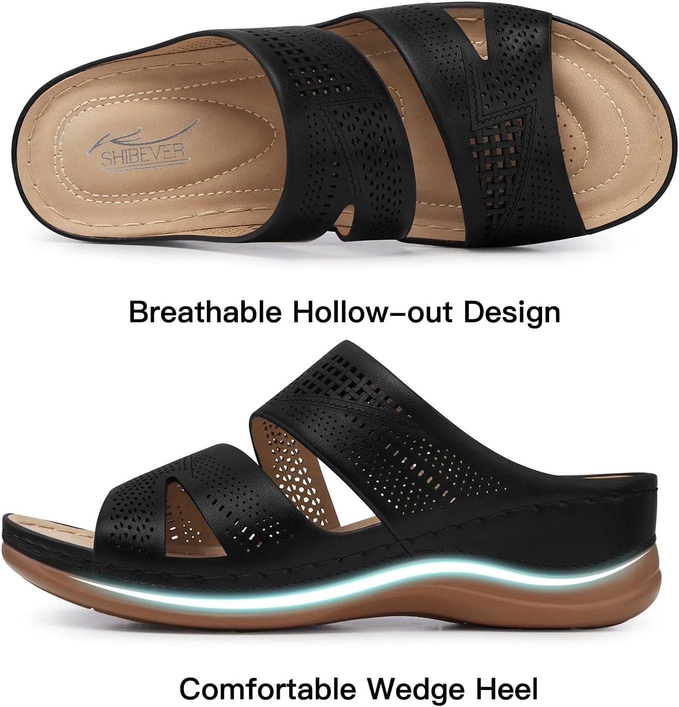 SHIBEVER Wedge Sandals for Women Dressy: Summer Walking Sandals Woman Comfortable - Slip On Casual Open Toe Hollow Out Low Wedge Shoes