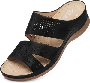 SHIBEVER Wedge Sandals for Women Dressy: Summer Walking Sandals Woman Comfortable - Slip On Casual Open Toe Hollow Out Low Wedge Shoes