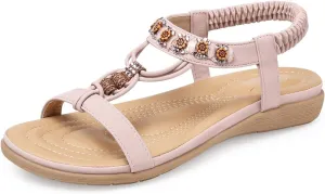 SHIBEVER Womens Sandals Summer Bohemian Flat Sandals Shoes with Elastic Strap Dressy Sandal