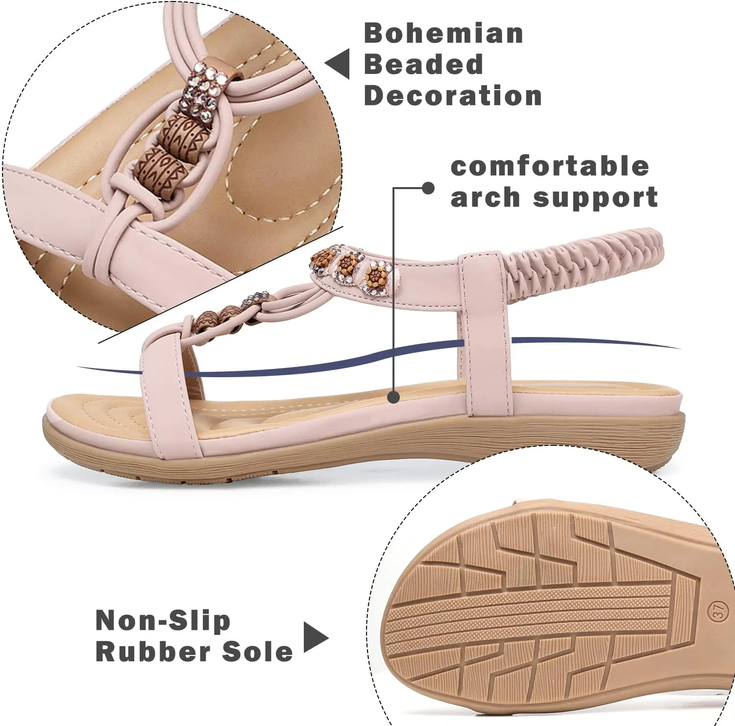 SHIBEVER Womens Sandals Summer Bohemian Flat Sandals Shoes with Elastic Strap Dressy Sandal