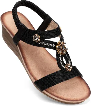 SHIBEVER Womens Wedge Sandals Flower Low Heel Dressy Sandals Elastic Ankle Strap Rhinestone Summer Comfortable Shoe