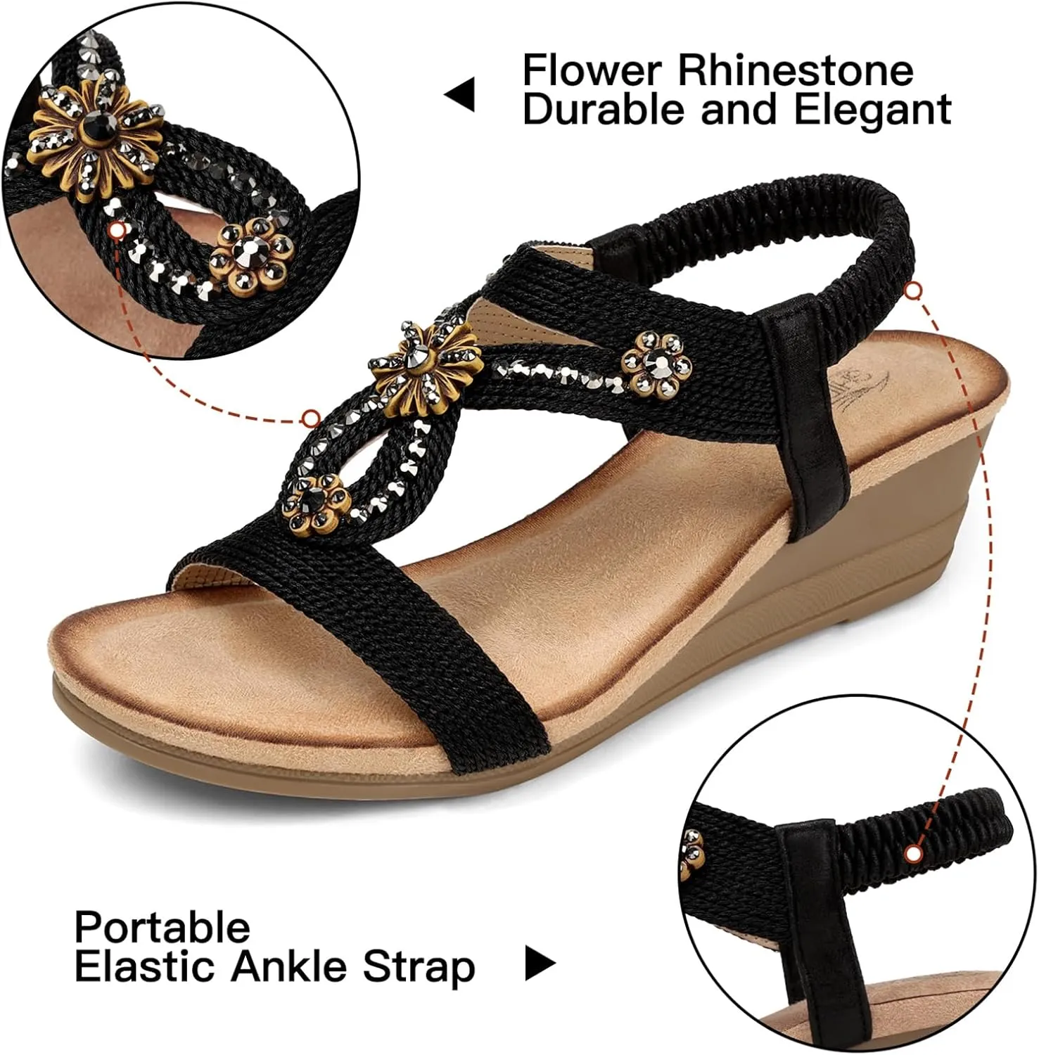 SHIBEVER Womens Wedge Sandals Flower Low Heel Dressy Sandals Elastic Ankle Strap Rhinestone Summer Comfortable Shoe