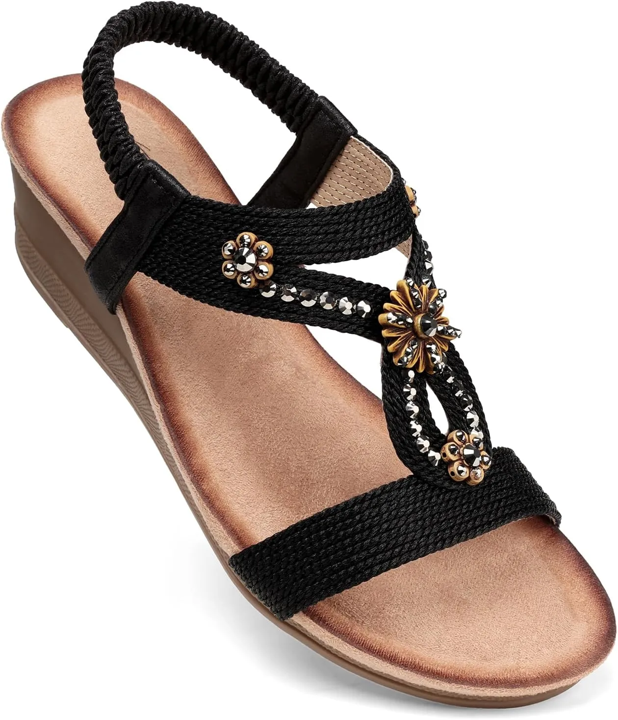 SHIBEVER Womens Wedge Sandals Flower Low Heel Dressy Sandals Elastic Ankle Strap Rhinestone Summer Comfortable Shoe