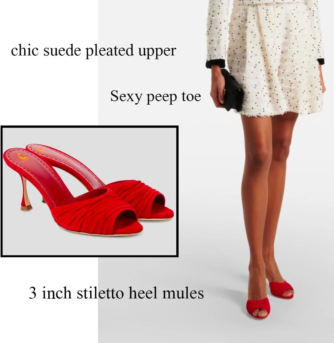 SHODENSE Women Suede Stiletto Heel Mules Evening Open Toe Slip On Mule Sandals Suede Pleated Sexy 3 Inch Stiletto Heeled Sandals Peep Toe Mule Heels Dress Party Wedding 4-11 M US