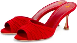 SHODENSE Women Suede Stiletto Heel Mules Evening Open Toe Slip On Mule Sandals Suede Pleated Sexy 3 Inch Stiletto Heeled Sandals Peep Toe Mule Heels Dress Party Wedding 4-11 M US