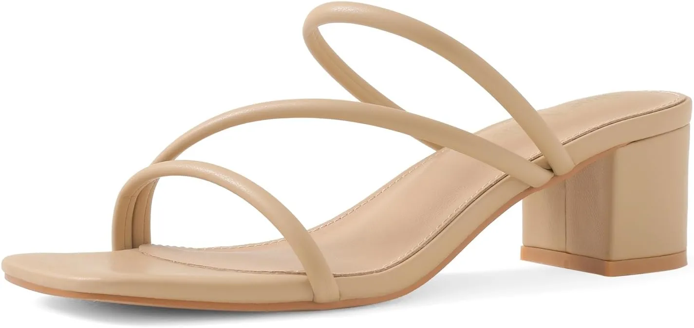 Shoe'N Tale Strappy Heels For Women Low Chunky Block Heel Heeled Sandals Square Open Toe Slip On Slides Mules