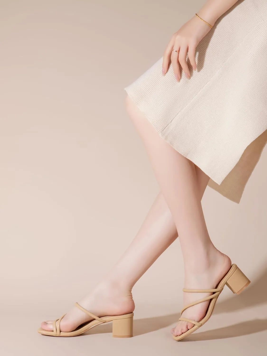 Shoe'N Tale Strappy Heels For Women Low Chunky Block Heel Heeled Sandals Square Open Toe Slip On Slides Mules