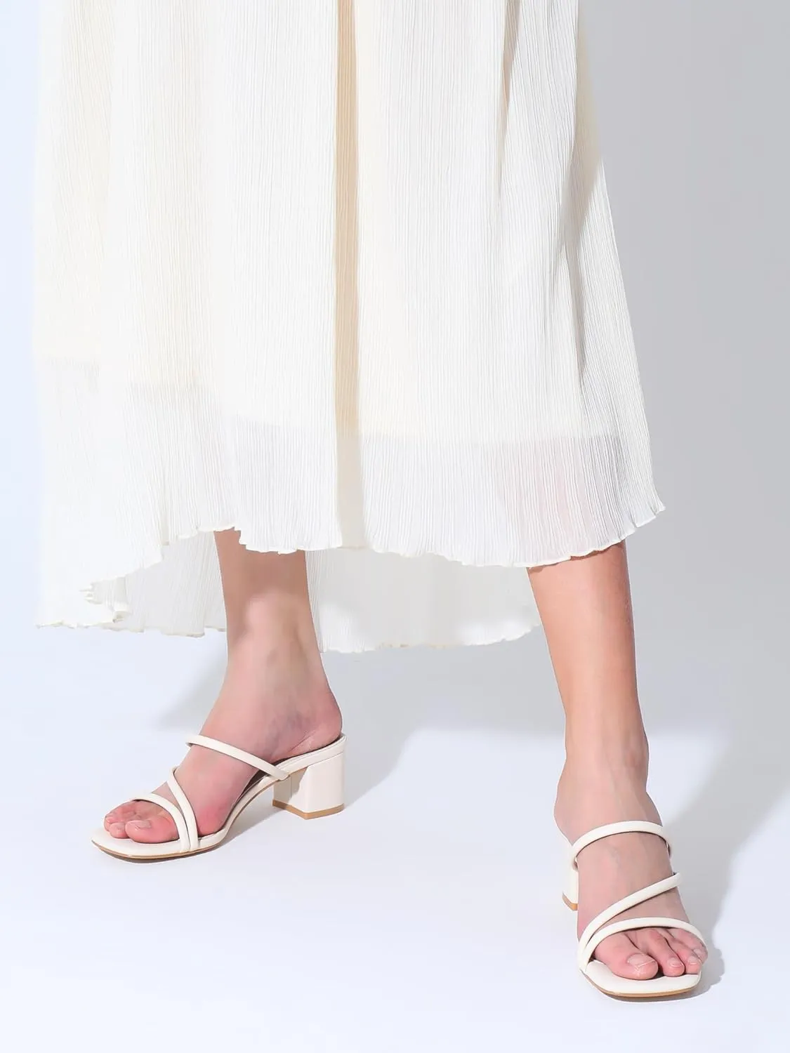 Shoe'N Tale Strappy Heels For Women Low Chunky Block Heel Heeled Sandals Square Open Toe Slip On Slides Mules