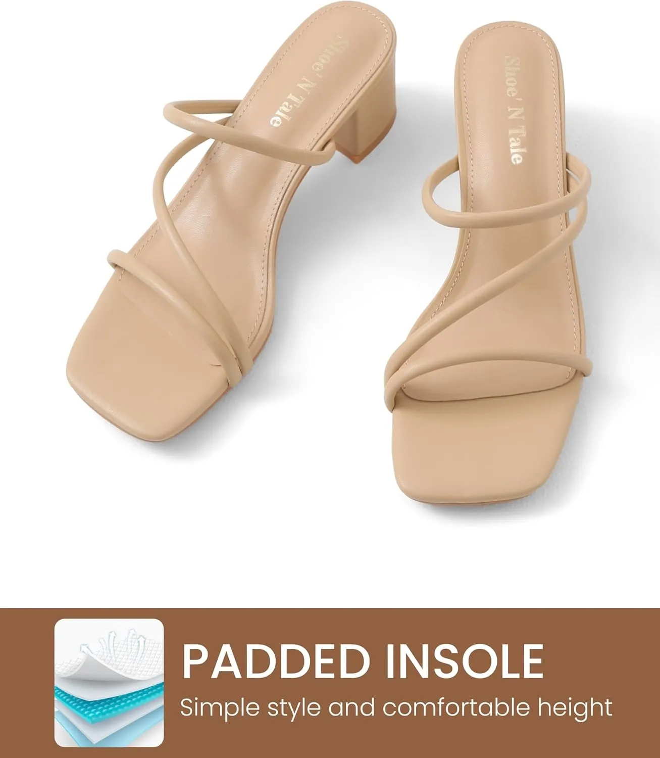 Shoe'N Tale Strappy Heels For Women Low Chunky Block Heel Heeled Sandals Square Open Toe Slip On Slides Mules