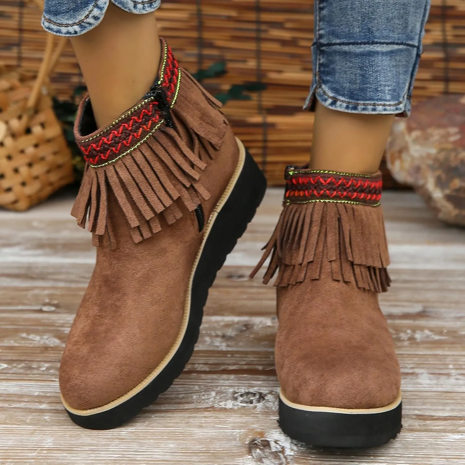 Short Boots for Women Casual Black Ankle Boots for Women Comfortable Soft Sole Thick Wedge Heel Tassel Frosted Boots