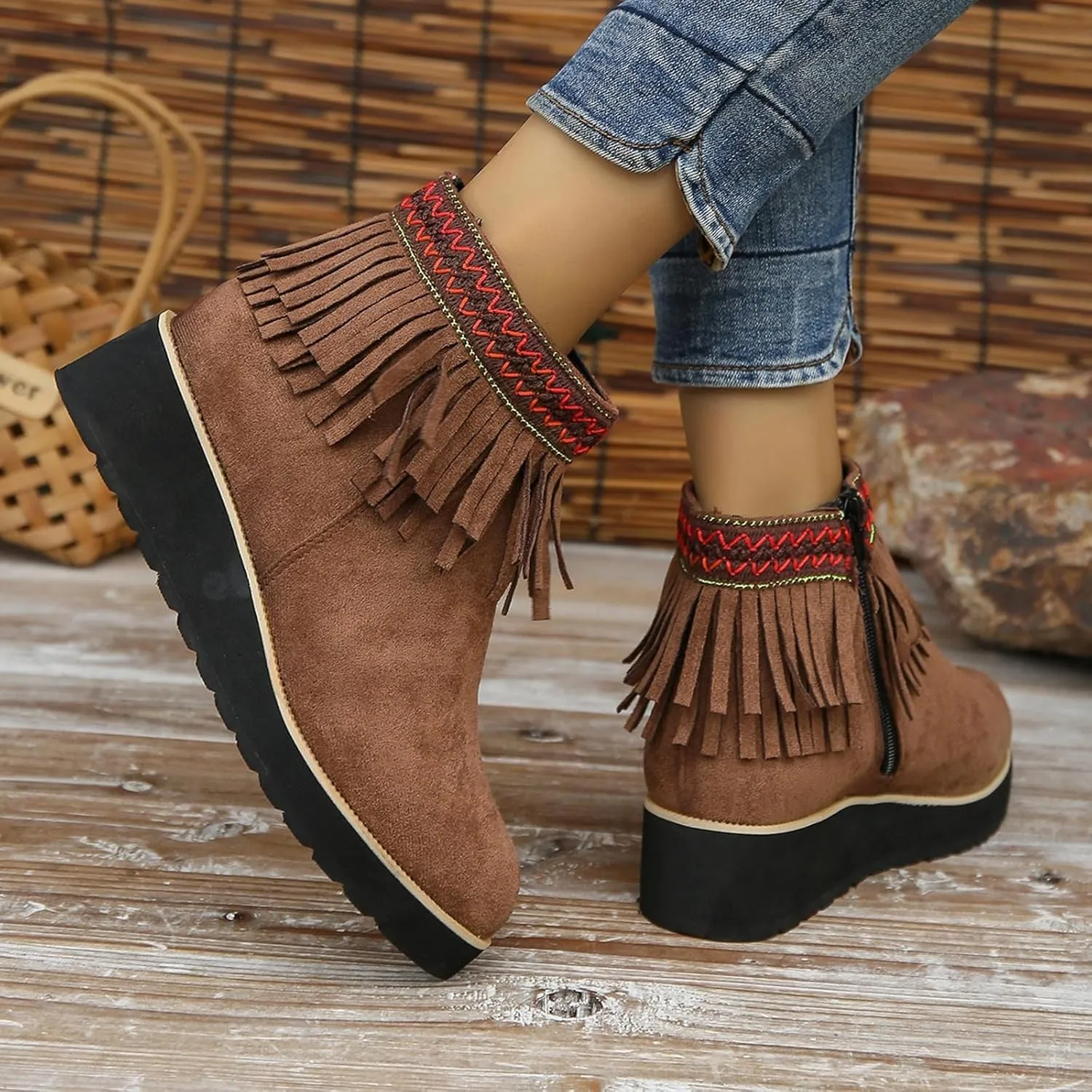 Short Boots for Women Casual Black Ankle Boots for Women Comfortable Soft Sole Thick Wedge Heel Tassel Frosted Boots